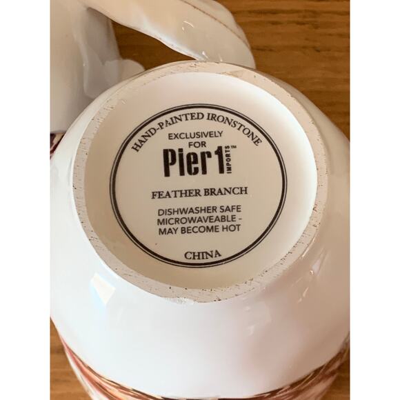 Pier 1 Imports Feather Branch Hand Painted Ironstone Set of 2 Coffee Mug Cups - Picture 10 of 10